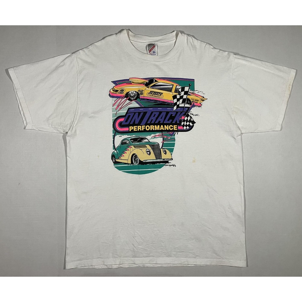 Vintage Car Racing Shirt Mens XL White On Track Performance Graphic Jerzees 90s